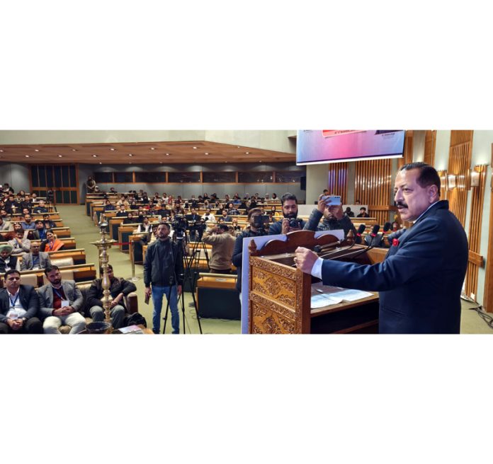 Union MoS in PMO Dr Jitendra Singh addressing the gathering in Srinagar on Saturday.