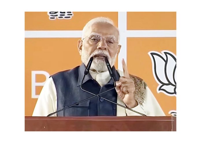 Prime Minister Narendra Modi addressing party workers in New Delhi on Saturday.