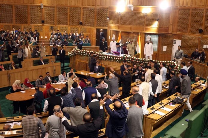 BJP MLAs protesting in the Legislative Assembly on Wednesday. -Excelsior/Shakeel