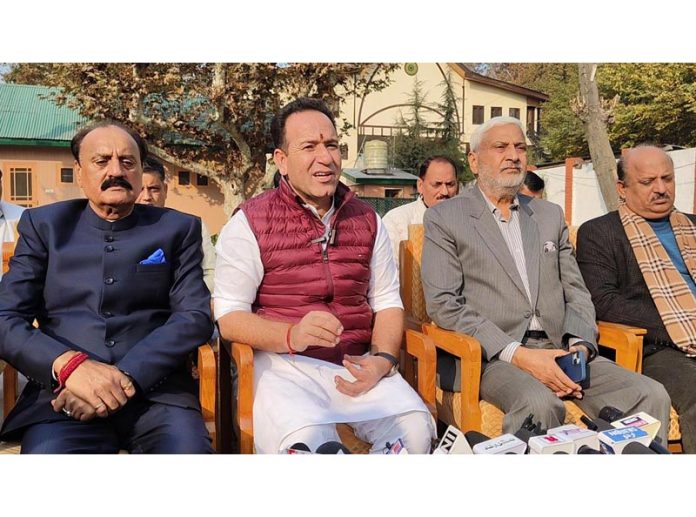 Leader of Opposition Sunil Sharma along with other leaders during a press conference in Srinagar on Friday. — Excelsior/Shakeel