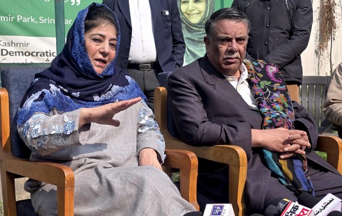 PDP president Mehbooba Mufti addressing a press conference in Srinagar on Wednesday. -Excelsior/Shakeel