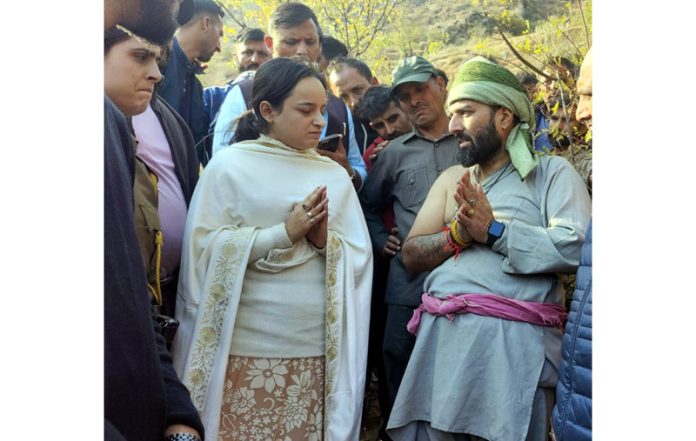 MLA Shagun Parihar interacting with the family members of martyr VDG Kuldeep Kumar at Ohli-Kuntwara village in Kishtwar on Saturday.