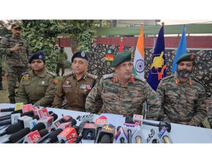 Army, police and CRPF officers at a press conference in Sopore.— Excelsior/Aabid Nabi