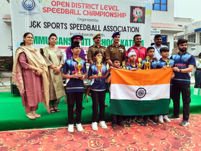 Speedball players posing along with national flag during an event at Kathua.