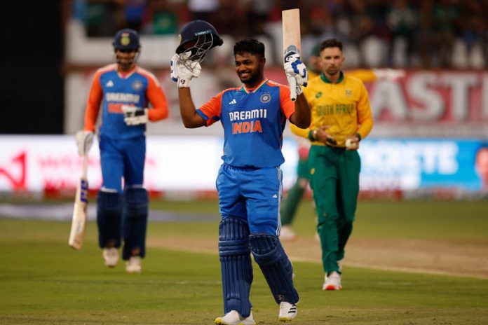 Sanju Samson raising his bat after scoring brilliant century against South Africa at Durban.