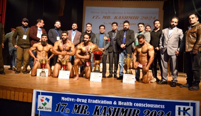 Muscle show by bodybuilders during an event at Srinagar.