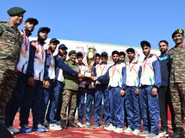 Army officers presenting the trophy to winning team at Mendhar. -Excelsior/Imran