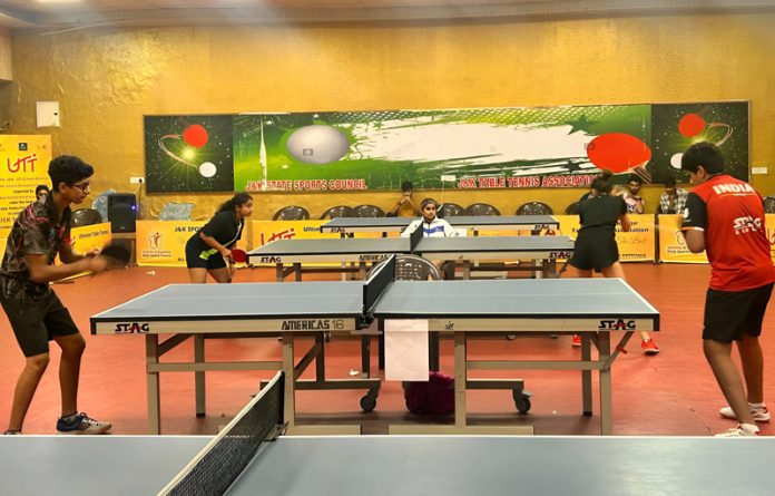 Table Tennis players displaying their skills during matches at Jammu on Sunday. -Excelsior/Rakesh