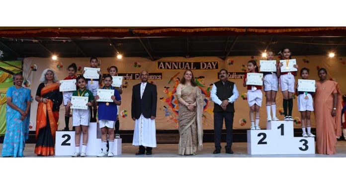 Commissioner Secretary SWD Sheetal Nanda posing with students during Annual Day celebration of Presentation Convent School.