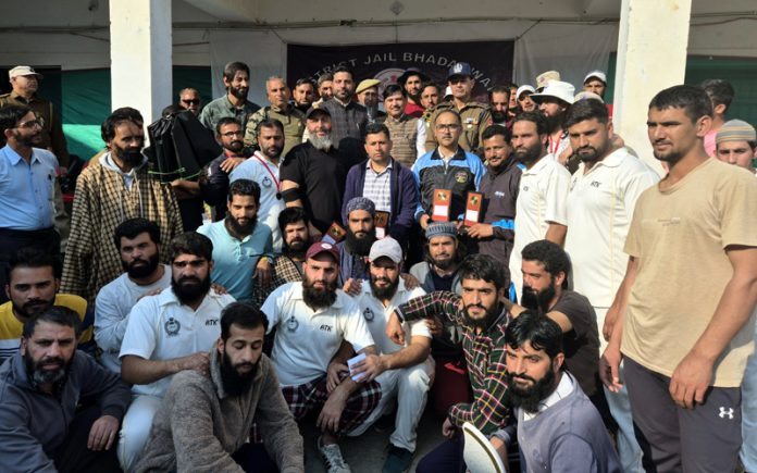 Jail Inmates posing along with dignitaries during a sports event at Bhaderwah on Thursday.