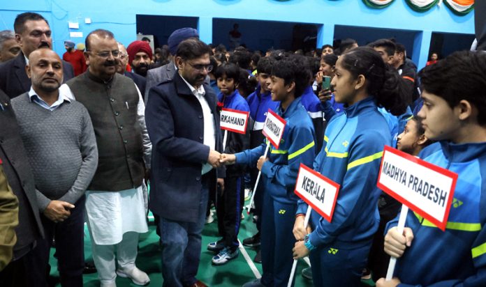 Minister YS&S Satish Sharma interacting with players at M A Stadium. — Excelsior/Rakesh