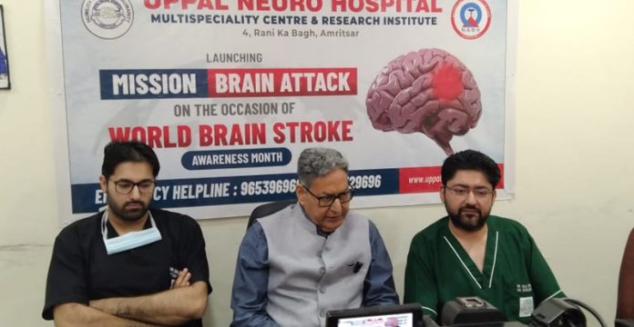 Dr Ashok Uppal, founder of Uppal Neuro Hospital and others addressing media persons during a programme.