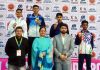 Fencers display medals they won in the ongoing 68th NSG in Jammu on Wednesday.