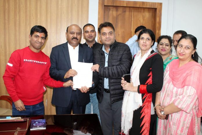 A deputation of AJKPAA submitting memorandum to DyCM in Jammu on Friday.