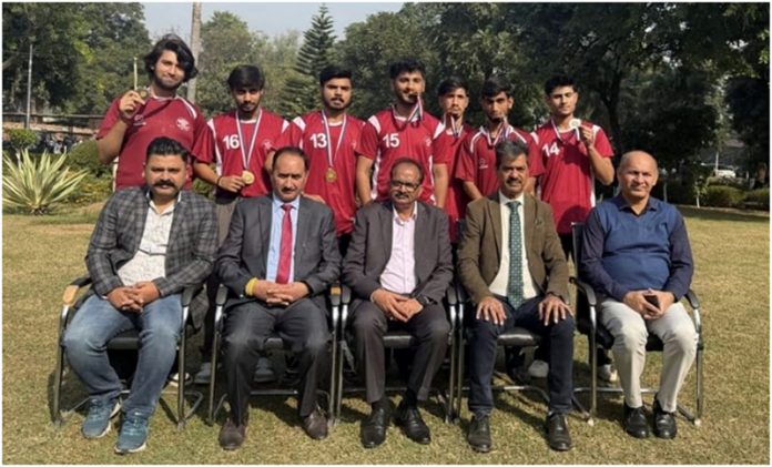 Winner students of GGM Science College who clinched the Overall Winner title in Karate (Men) for their College pose for a group photograph.