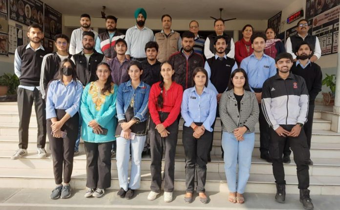 Students of YCET posing after being selected during a placement drive in Jammu on Tuesday.