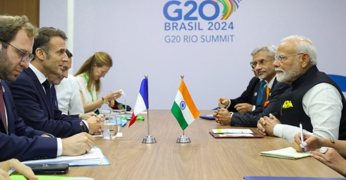 Prime Minister Narendra Modi at a bilateral meeting with President of France Emmanuel Macron, in Rio de Janeiro, Brazil on Tuesday. (UNI)