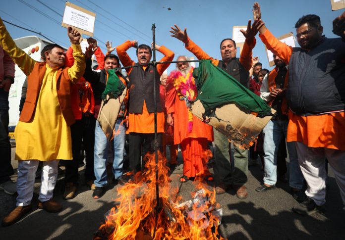 Shiv Sena activists raising slogans during a protest in Jammu on Thursday. - Excelsior/Rakesh