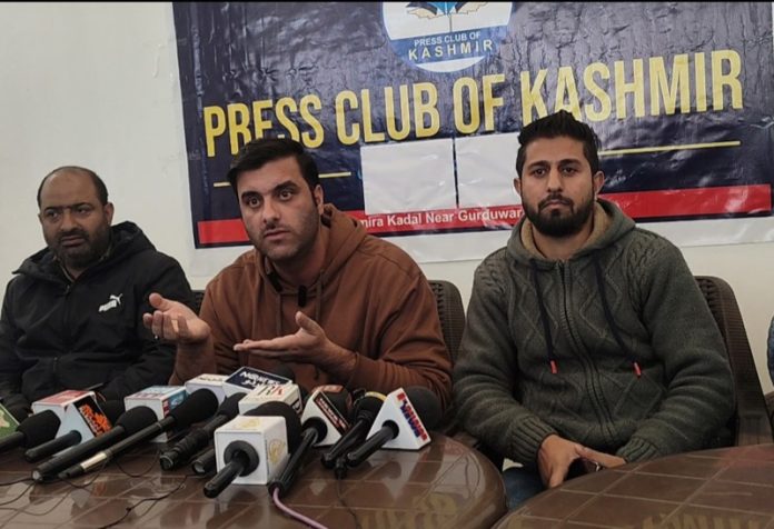 Members of All J&K Commercial Drivers Association during a press conference in Srinagar on Monday. -Excelsior/Shakeel.