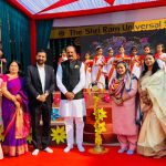 Dignitaries lighting ceremonial lamp to inaugurate the Annual Day celebrations of Elementary Wing of Shri Ram Universal School.