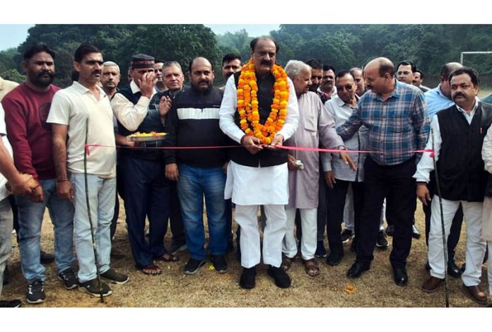 BJP MLA, Samba and former Minister, S S Slathia laying foundation stone of Water Supply Scheme for Samba on Tuesday.