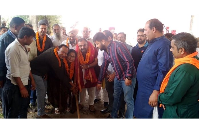 Vikram Randhawa, MLA Bahu laying foundation of Community Hall at Qasim Nagar on Tuesday.