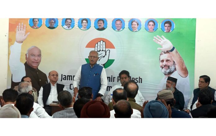 PCC chief Tariq Hameed Karra addressing a meeting of senior Congress leaders at Jammu on Tuesday.