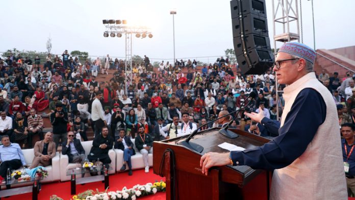 Chief Minister Omar Abdullah addressing during J&K Day celebration event in Delhi on Saturday.