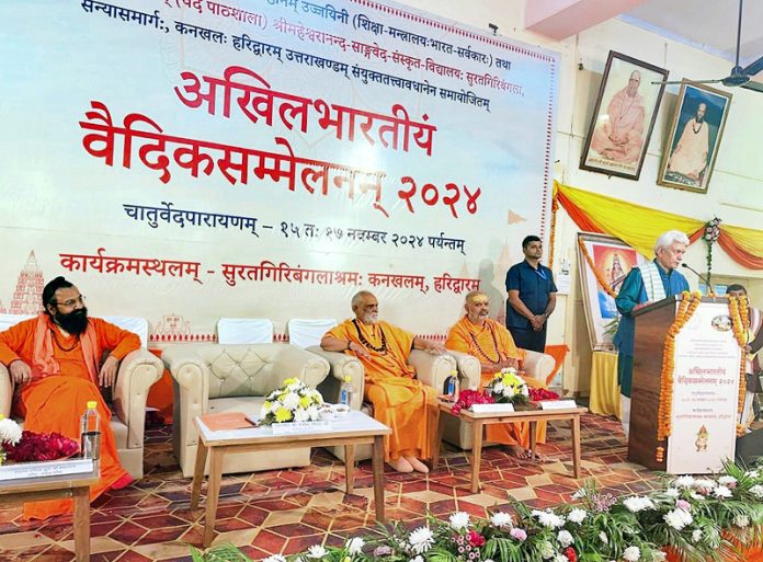 LG Manoj Sinha speaking during a conference held at Haridwar.