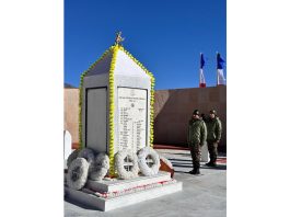 Army officers paying respect to the fallen heroes of 13 Kumaon at the Rezang La Memorial in Ladakh on Monday.