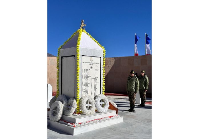 Army officers paying respect to the fallen heroes of 13 Kumaon at the Rezang La Memorial in Ladakh on Monday.