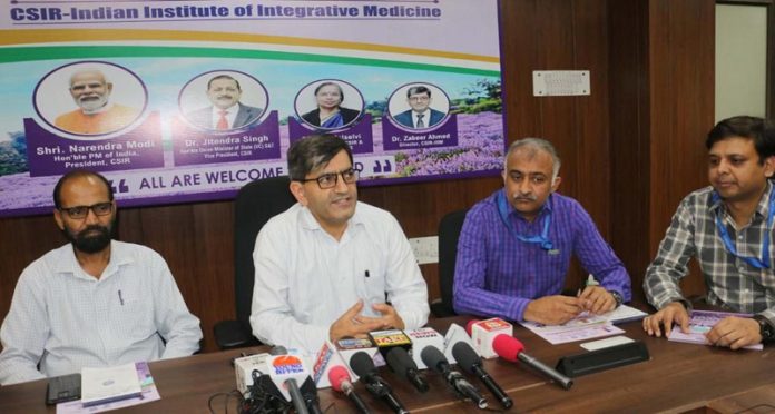 Dr Zabeer Ahmed, Director, CSIR-IIIM Jammu, talking to media persons at Srinagar on Friday.