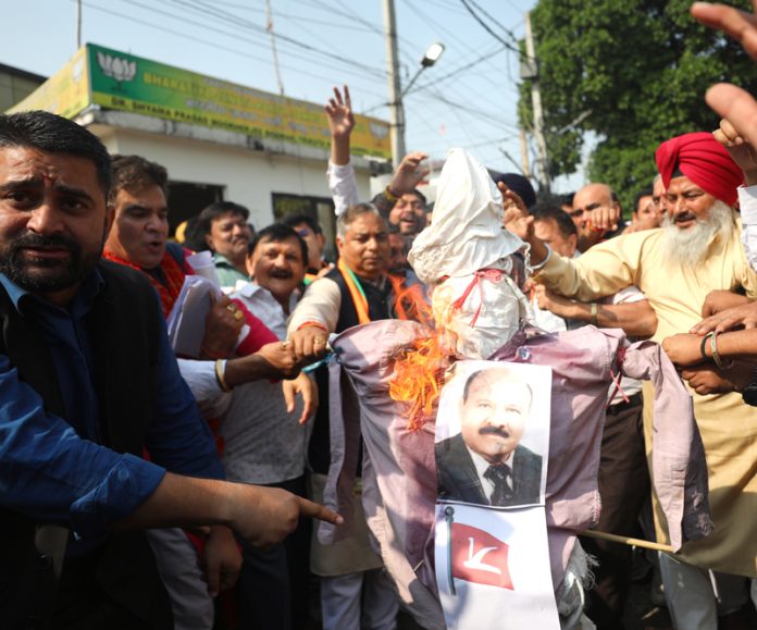 BJP activists protesting against passage of resolution on Article 370 by Assembly at Jammu on Wednesday. -Excelsior/Rakesh