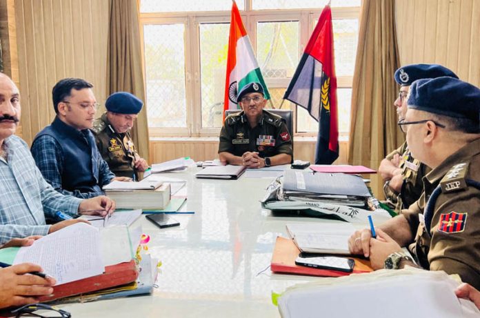 ADGP Anand Jain chairing a meeting of police officers in Jammu district on Tuesday.