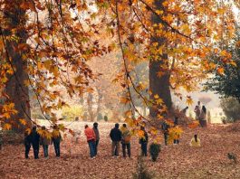 People enjoying at the Mughal garden in Srinagar. -Excelsior/Shakeel