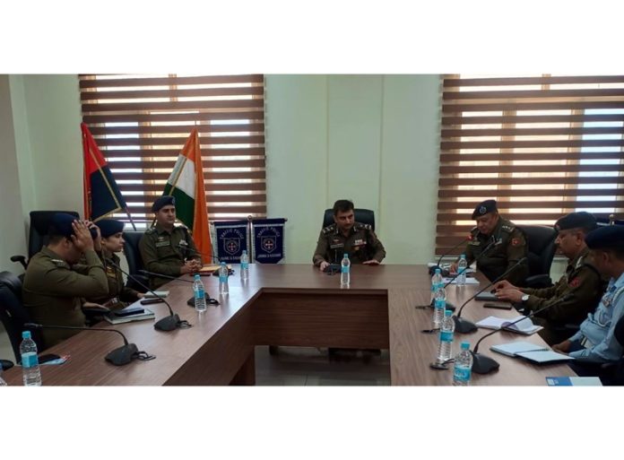 IGP Traffic J&K chairing a meeting of Traffic Police officers in Jammu district on Saturday.