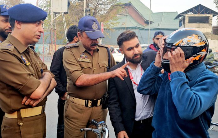 SSP Traffic Srinagar Muzaffar Shah during a safety awareness event in Srinagar on Saturday. -Excelsior/Shakeel