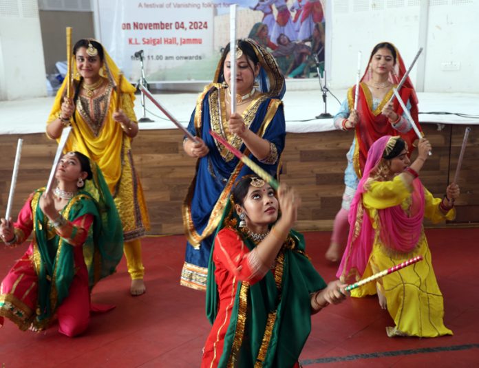 Artists performing at 'Lok Virasat' - A Festival of Vanishing Folk Art Forms in Jammu on Monday. -Excelsior/Rakesh