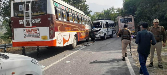 Bus & minibus after head on collision on Katra-Reasi road on Wednesday. -Excelsior/Romesh Mengi