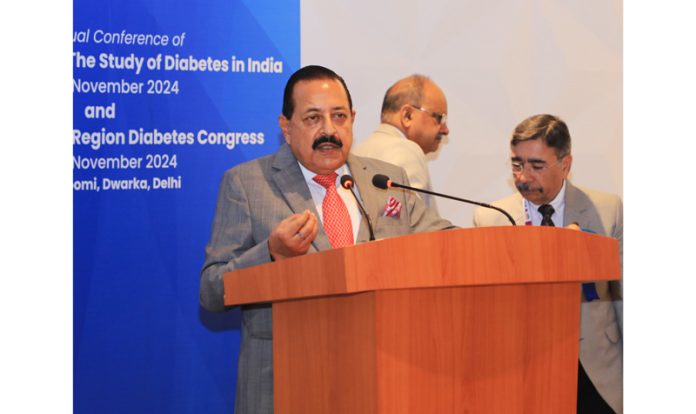 Union Minister Dr. Jitendra Singh addressing the World Diabetes Day 2024 programme at Yashobhoomi, Dwarka, New Delhi on Thursday.