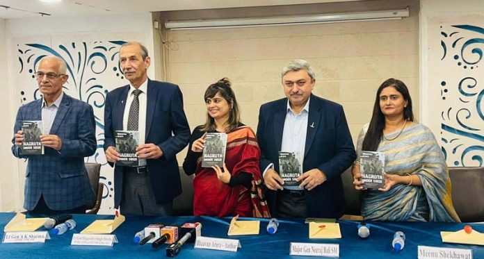 Dignitaries releasing Bhaavna Arora's book 'Nagrota Under Siege'.