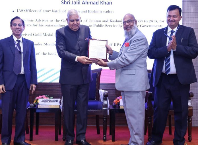 Vice-President Jagdeep Dhankhar presenting Paul H Appleby Award to Jalil Ahmed Khan in New Delhi.