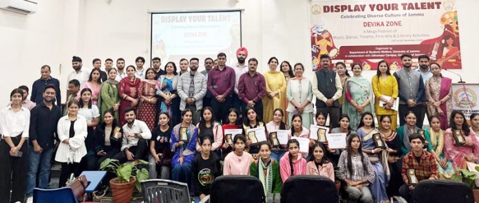 Winners of various events posing with chief guest, Rector Udhampur Campus and others at valedictory function.