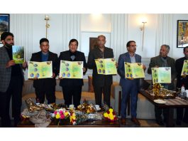 Dignitaries releasing a booklet on horticulture during felicitation ceremony on Sunday.