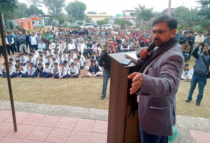 Cabinet Minister Satish Sharma addressing public gathering in Chhamb.