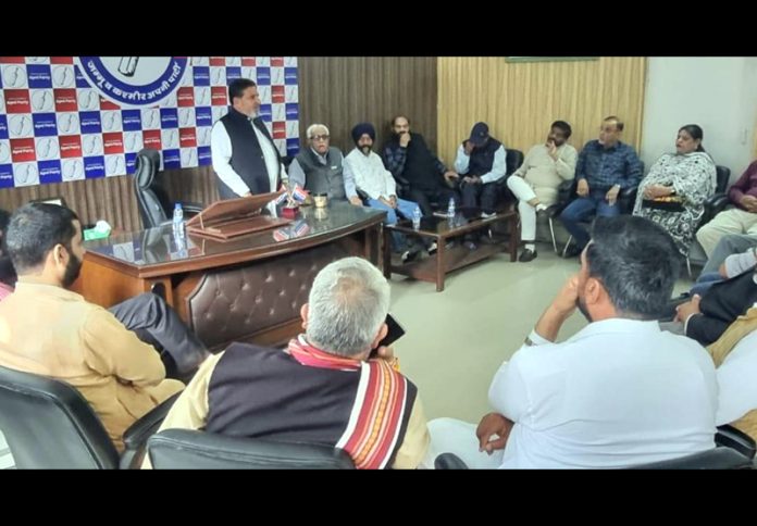 Apni Party president Altaf Bukhari addressing party meeting at Jammu.