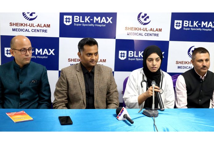 Dr Shafiq Ahmed and others announcing launch of multi-specialty OPD service by BLK-Max Super Specialty Hospital in association with Sheikh Ul Alam Hospital in Srinagar. — Excelsior/Shakeel