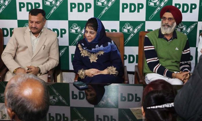 PDP president Mehbooba Mufti addressing party meeting in Jammu on Friday. -Excelsior/Rakesh