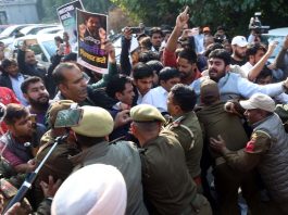 Youth Cong activists during protest in Jammu on Friday. -Excelsior/Rakesh