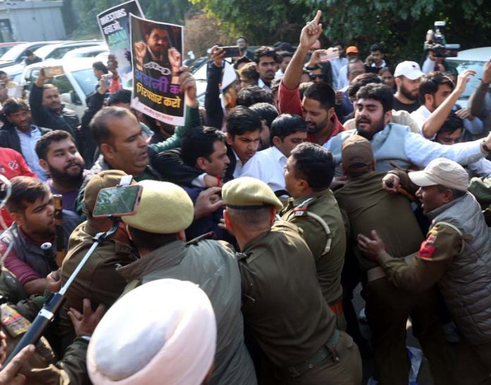 Youth Cong activists during protest in Jammu on Friday. -Excelsior/Rakesh